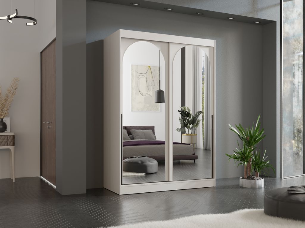 Albello Kleiderschrank CLASSY Kaschmir Schwarz 150x65x215 cm mit Spiegel & Schiebetüren – Schrank mit 5 Fächern, Kleiderstange für Schlafzimme...