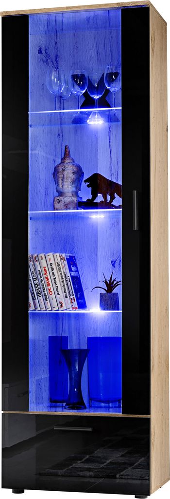 Komodee, Vitrine Schrank Alessandria, Wotan/Schwarz, Breite 60cm x Höhe 192cm x Tiefe 42cm, 3 Glasböden, 1 Regal aus laminierter Platte, für Woh...