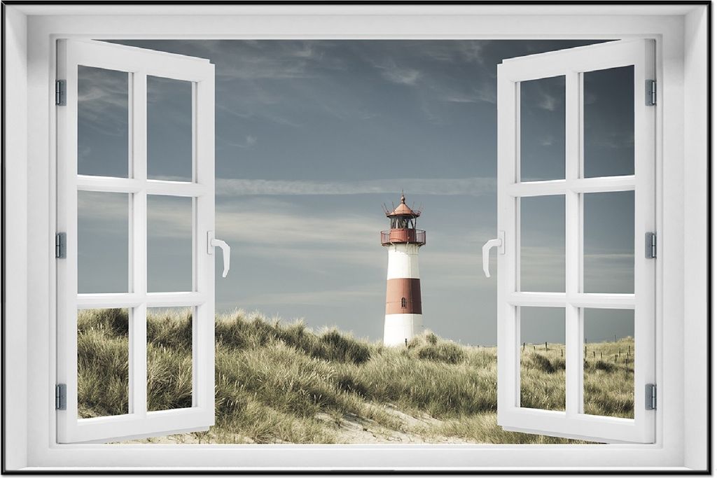Wallario Wandbild mit Fenster-Illusion: Leuchtturm auf der Düne am Strand, Größe: 61 x 91,5 cm, Poster mit schwarzem Aluminiumrahmen