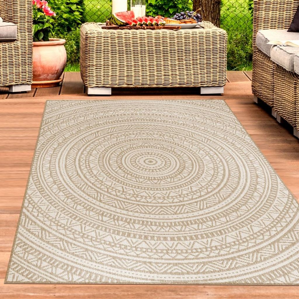 Indoor- & Outdoor-Teppich Balkonteppich rund in Weiß & Beige – Modern und vielseitig Größe - 80 x 150 cm