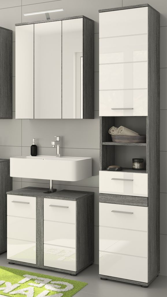 Badmöbel Set 3-teilig "Bailey" weiß Hochglanz und Rauchsilber grau