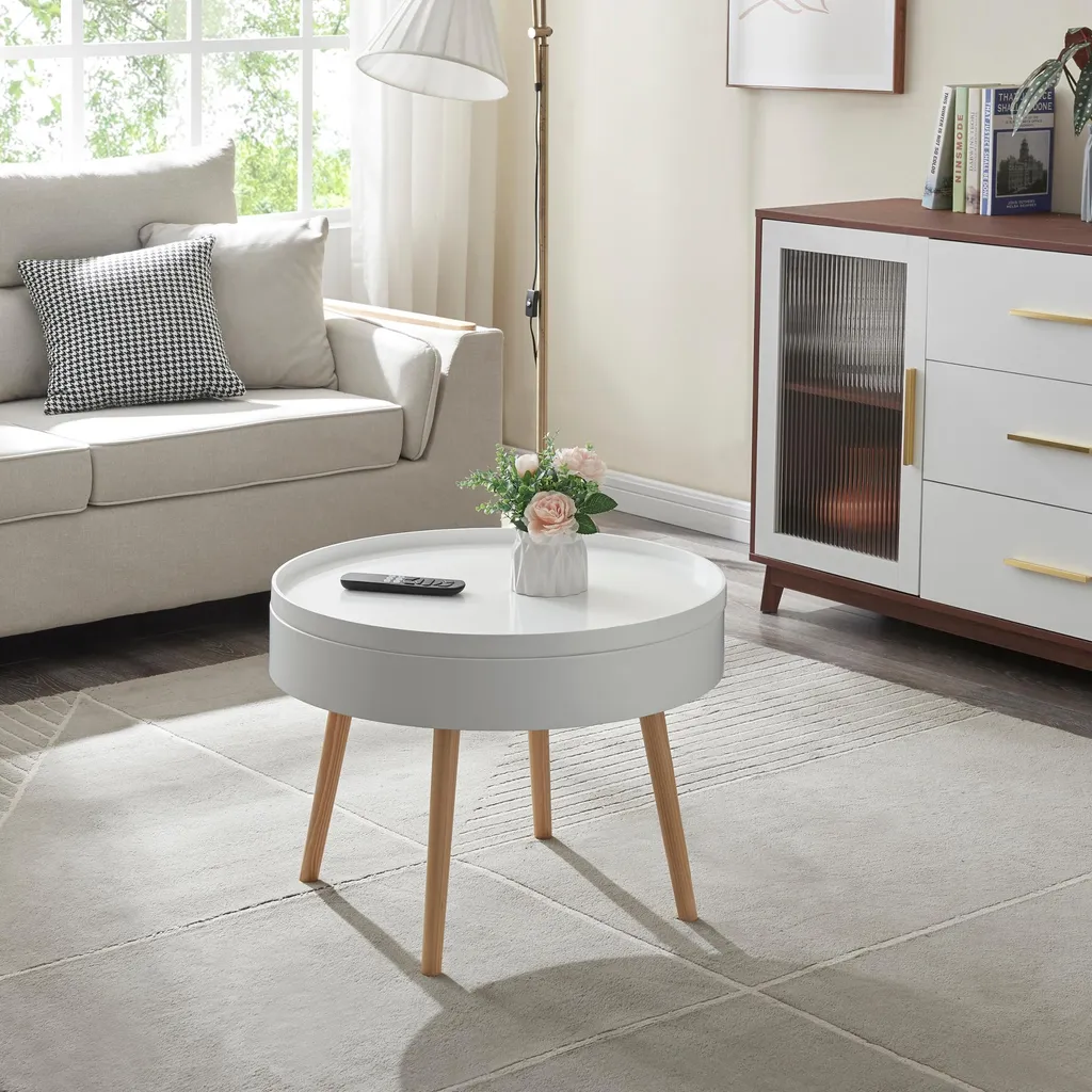 Tavolino da Soggiorno Bongard Bianco Ø60 cm | Piano a Vassoio Removibile
