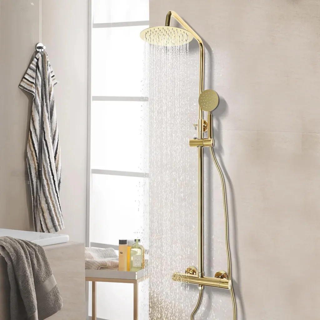 Colonne de douche dorée thermostatique avec grand ciel de pluie et douchette - 2