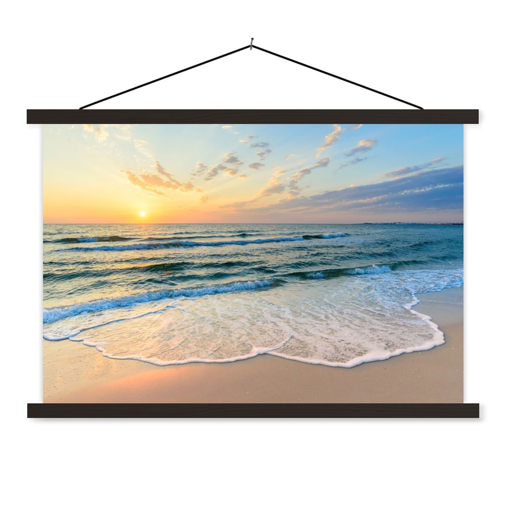 MuchoWow Textilposter Strand - Meer - Sonnenuntergang - Golf 60x40 cm mit schwarzem Rahmen - Hölzernes