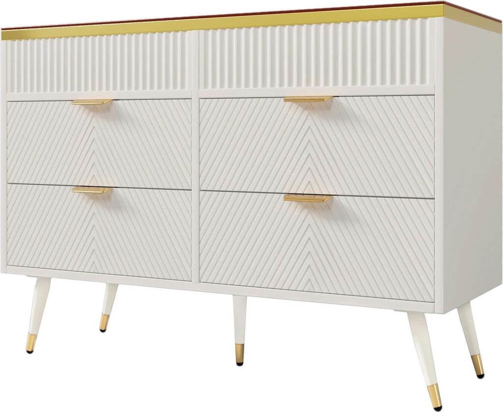 Sideboard - Kommode - Mit 6 Schubladen - Glas + Spanplatte - Großer Stauraum - Fachaufteilung - Maße 120 x 40 x 76 cm - Modernes Design - Weiß