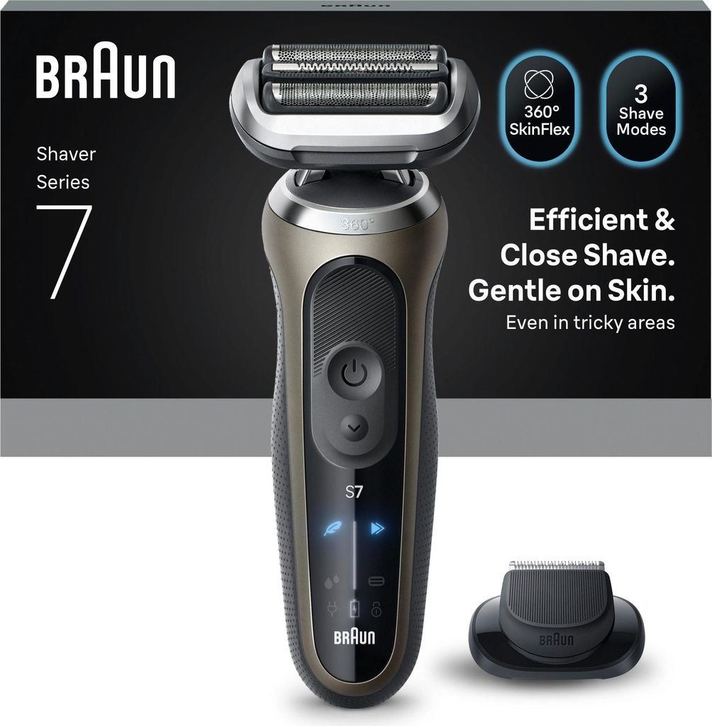 A Braun Series 7 electric shaver is shown with marketing text and feature icons.
