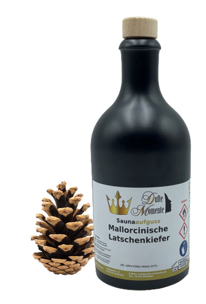 Dufte Momente | Saunaduft Konzentrat Latschenkiefer 500ml in schwarzer Steingutflasche mit Korkmündung | ätherische Öle | vegan, ohne Tierversuche
