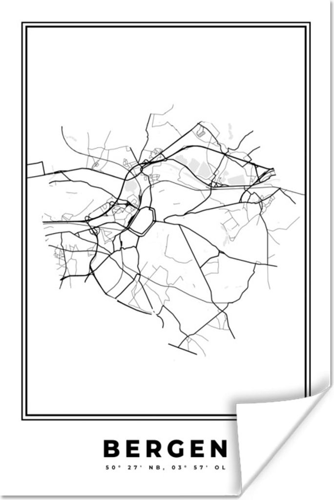 MuchoWow Poster Karte - Mons - Schwarz und weiß - Stadtplan - Belgien 60x90 cm - Wanddekoration