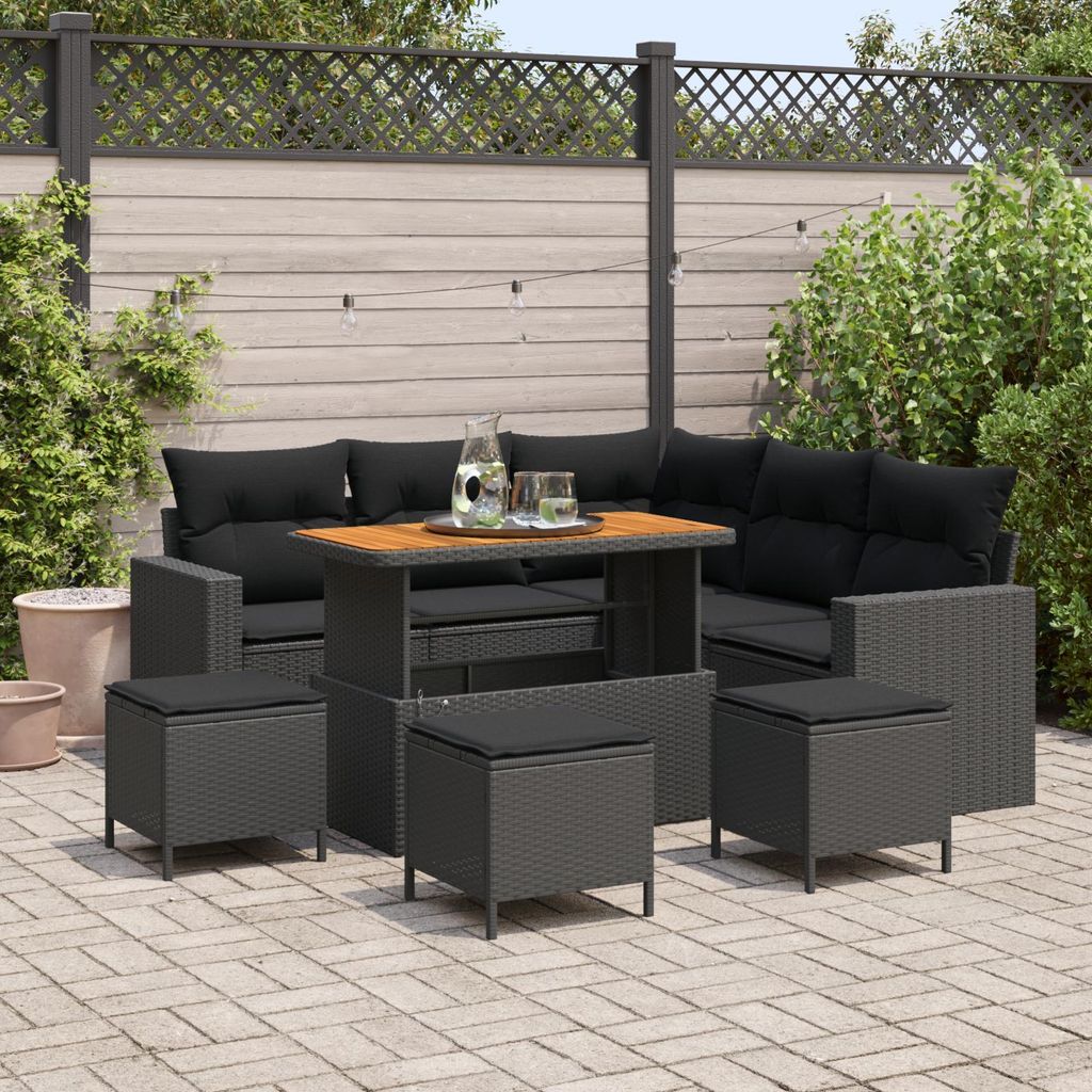 9-teiliges Garten Sofaset mit Kissen - Schwarzes Poly Rattan, Design Gartensofas Neu