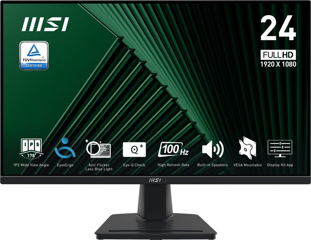 A product shot of an MSI monitor with feature icons and specifications displayed.