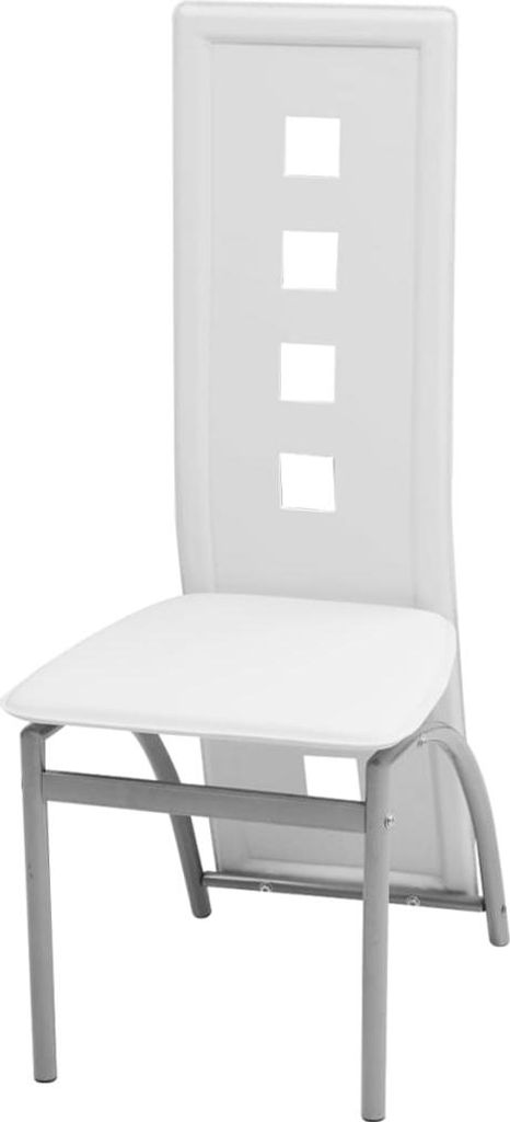 A white dining chair with a gray metal frame is shown against a white background.