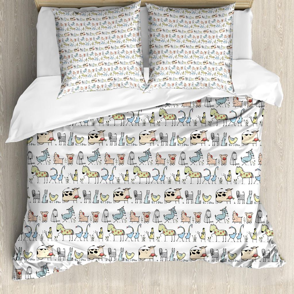 ABAKUHAUS Cartoon-Tier Bettbezug Set, Lustiges Karikatur-Dorf-Landschafts-Ackerland-Thema, das Art Kids Pattern zeichnet, 155 x 220 cm + 80 x 80 cm...