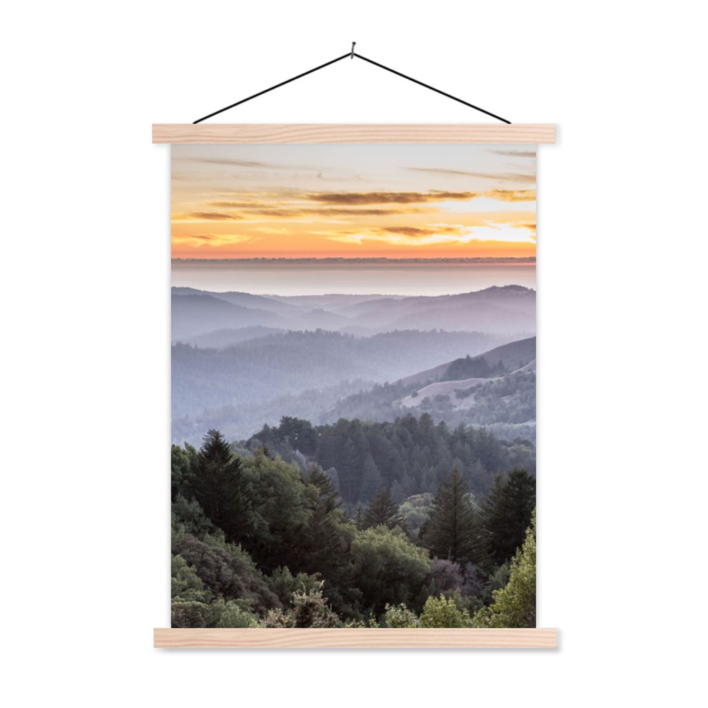 MuchoWow Textilposter Berge - Sonne - Wald - Landschaft 120x160 cm mit holzfarbenen Rahmen - Plakatkarton