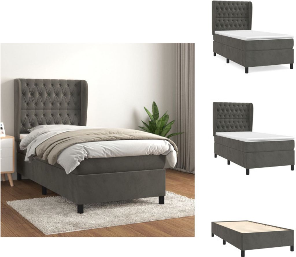 vidaXL Boxspringbett mit Matratze Dunkelgrau 90x200 cm Samt - Betten & Bettgestelle
