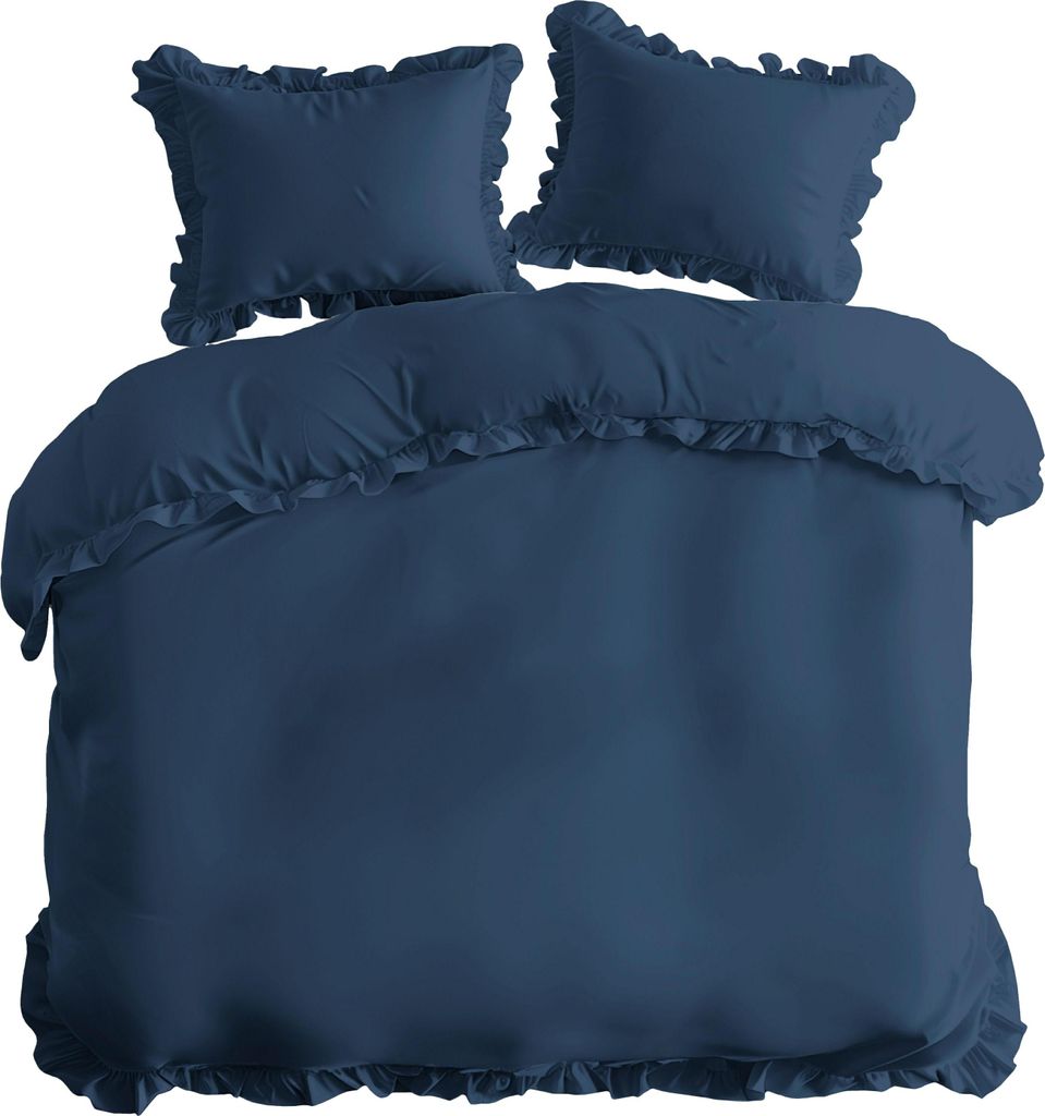 Bettwäsche, Baumwollbettwäsche mit Rüschen, Boho-Stil, Knopfverschluss 200x220 Denim