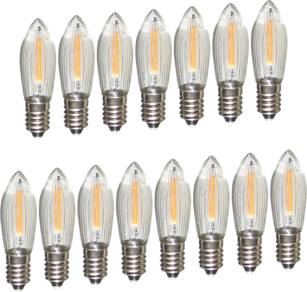 A collection of LED filament bulbs arranged in two rows against a white background.