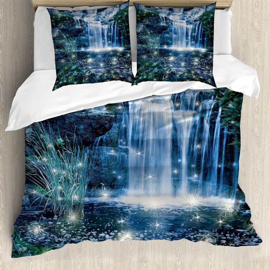 ABAKUHAUS Magie Bettbezug Set, Fee Und Fantastische Kaskade In Der Nacht Auf Dem Wasser Fresh Landscape Bild Druck, 200 x 200 cm + 80 x 80 cm, Grau...