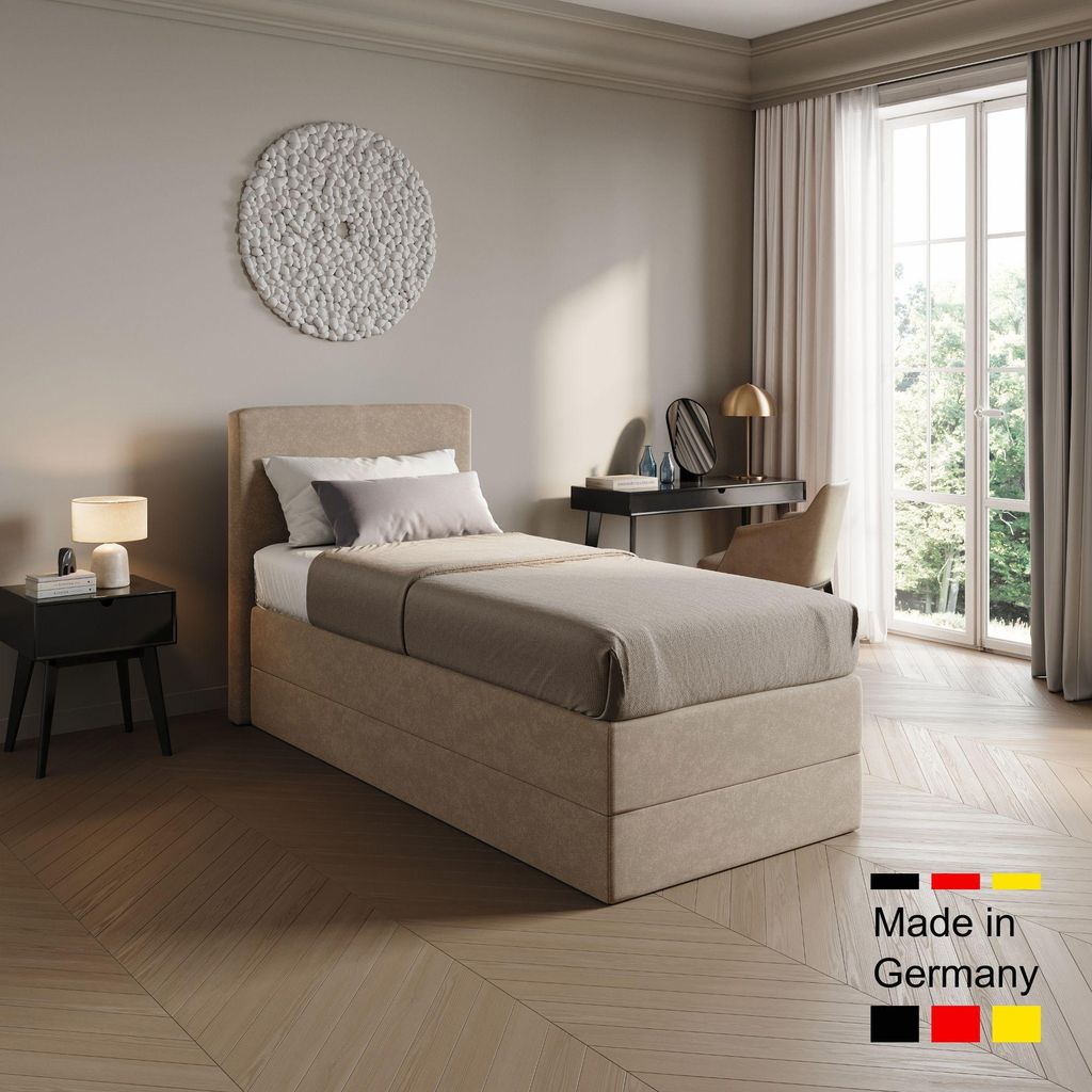 Home Collective Boxspringbett Polsterbett Bett wählbare Matratze Kaltschaum H3, gepolstertes Kopfteil, Micro-Velours | 100x200 cm | Beige