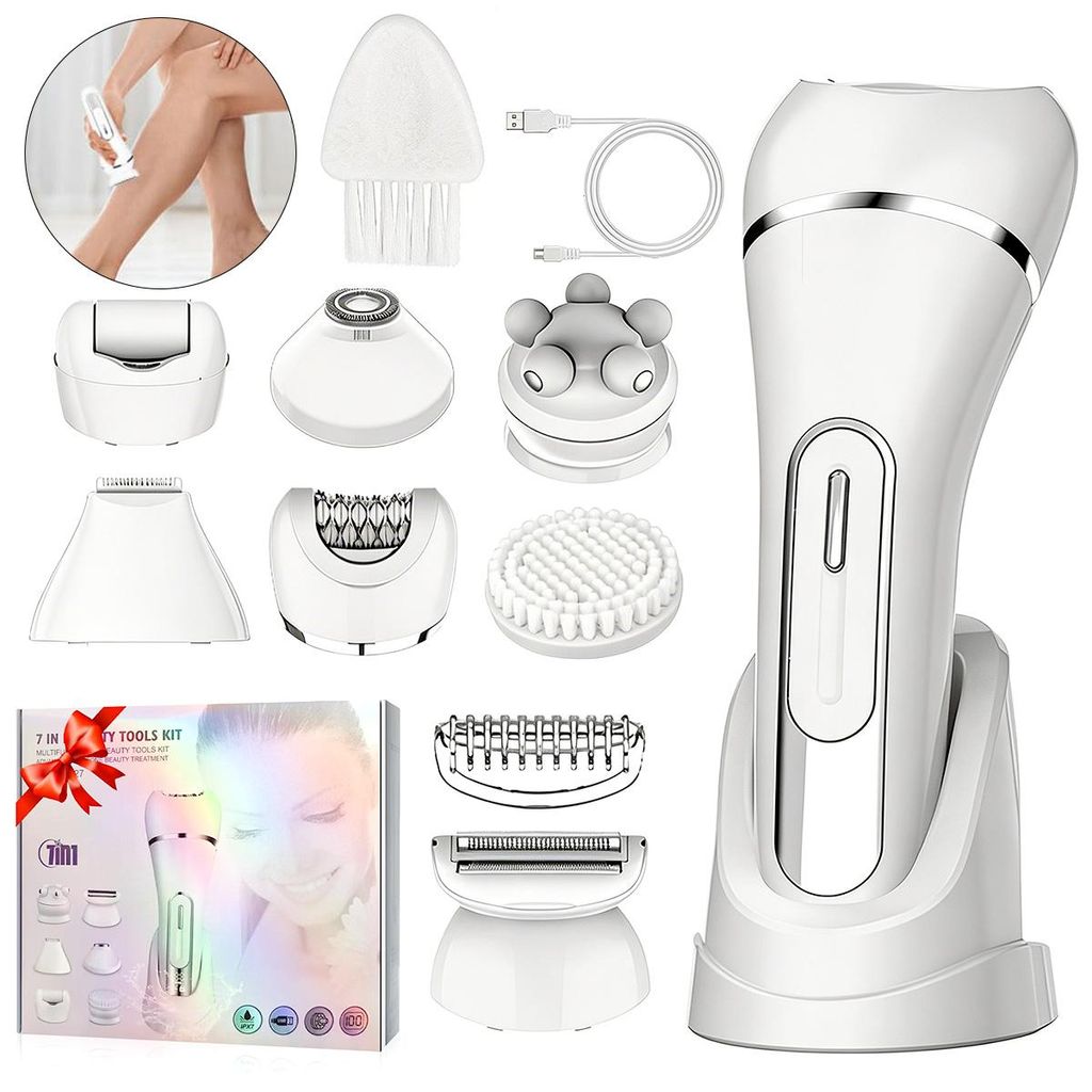 Damen 7-in-1 Haarentferner,kombiniert Rasur,Bikinizone,Gesichtshaarentfernung,Reinigungsbürste,Gesichtsmassage&Körper-Peeling,wasserdicht,schmerz...