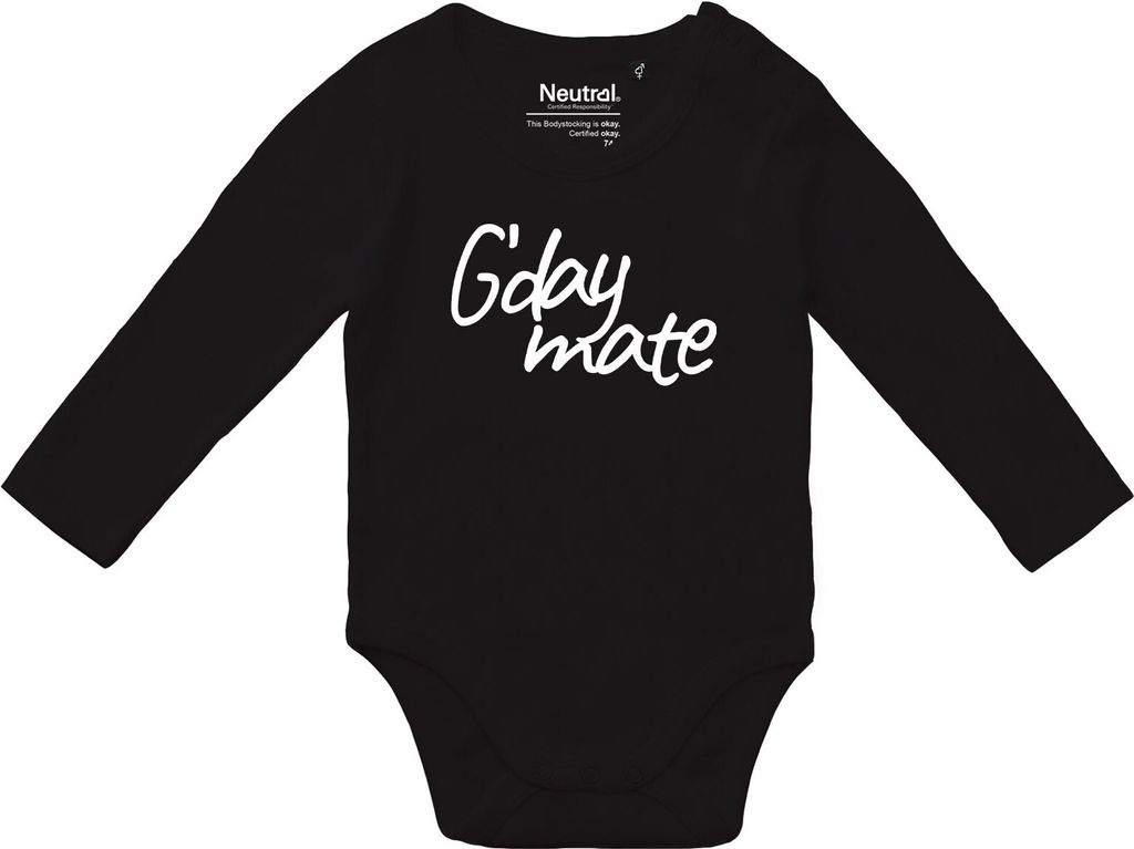 Huuraa Baby Body G`day mate Spruch 74 Black Baumwolle Fairtrade Langarmbody Geschenkidee