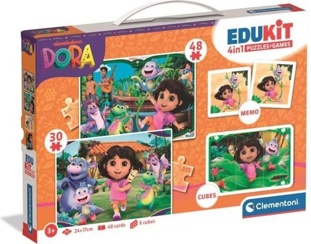CLEMENTONI Edukit 4 in 1 Dora, Lernspielzeug, Puzzle 30 & 48 Teile, Memo, 6 Würfel, Vorschulthemen