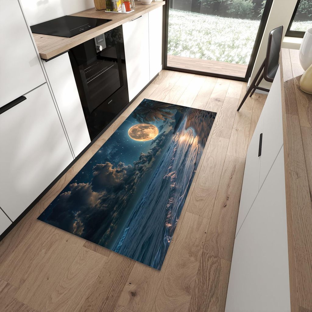 Küchenteppich 90x180cm rutschfest & abwischbar PVC Läufer - Mondnacht am Strand
