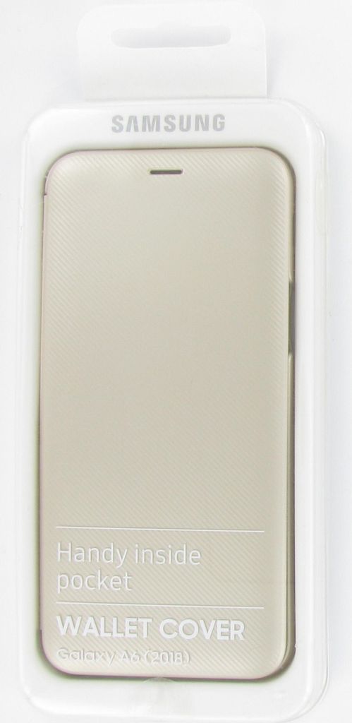 A Samsung wallet cover for a Galaxy A6 2018 phone, displayed in its retail packaging.
