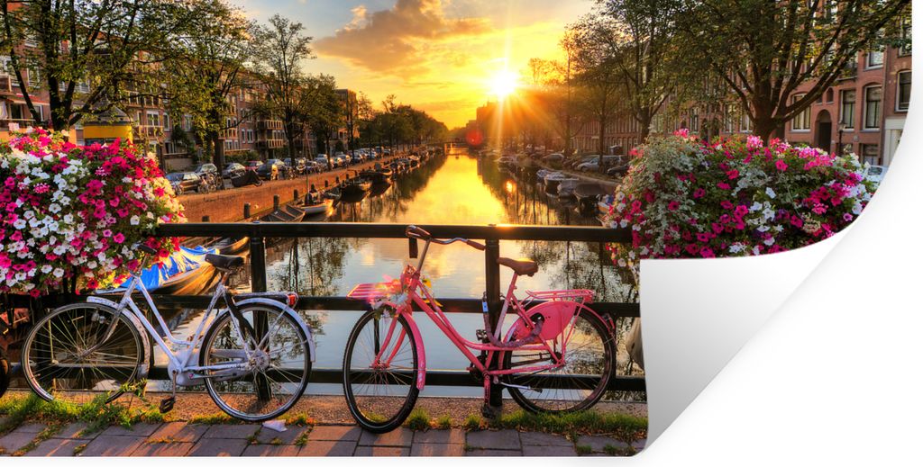 MuchoWow Wandtattoo Wandsticker Wandaufkleber Amsterdam - Blumen - Brücke - Fahrrad - Sonnenuntergang 40x20 cm Selbstklebend und Repositionierba...