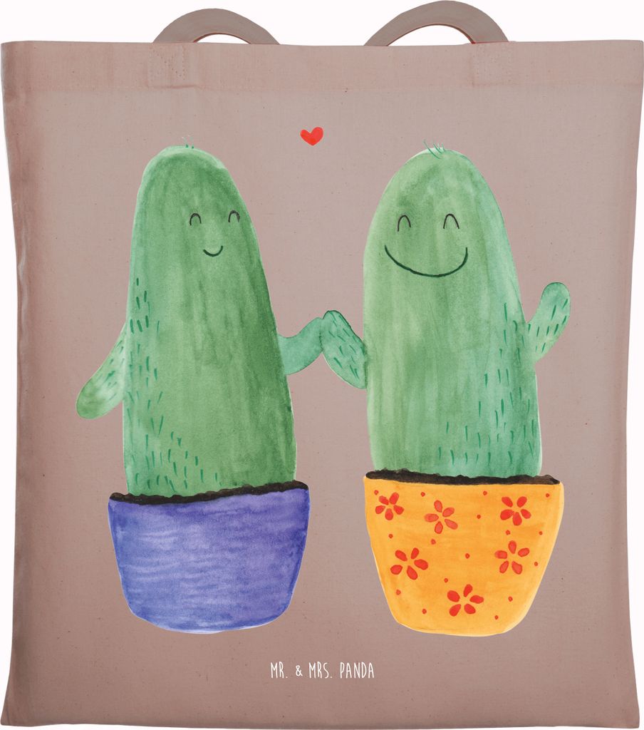 Mr. & Mrs. Panda Jutebeutel Kaktus Liebe - Braun Pastell - Geschenk, Love, Schultasche, Pärchen, Streit, Tote Bag, Laptoptasche, Hochzeit, Tasche,...