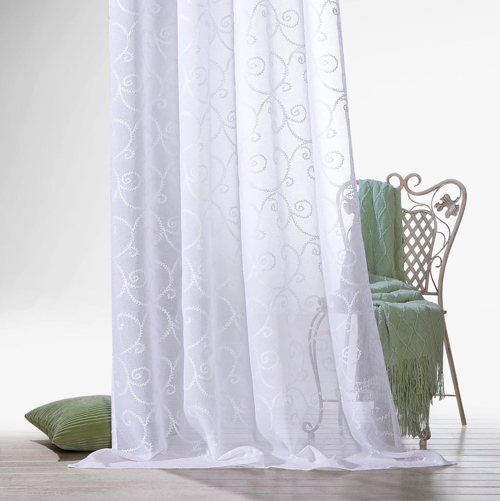 heimtexland Ösenschal Ranken Stickerei Leinen Optik Vorhang halbtransparent Gardine mit Ösen weiß Typ895 HxB 245x140 cm