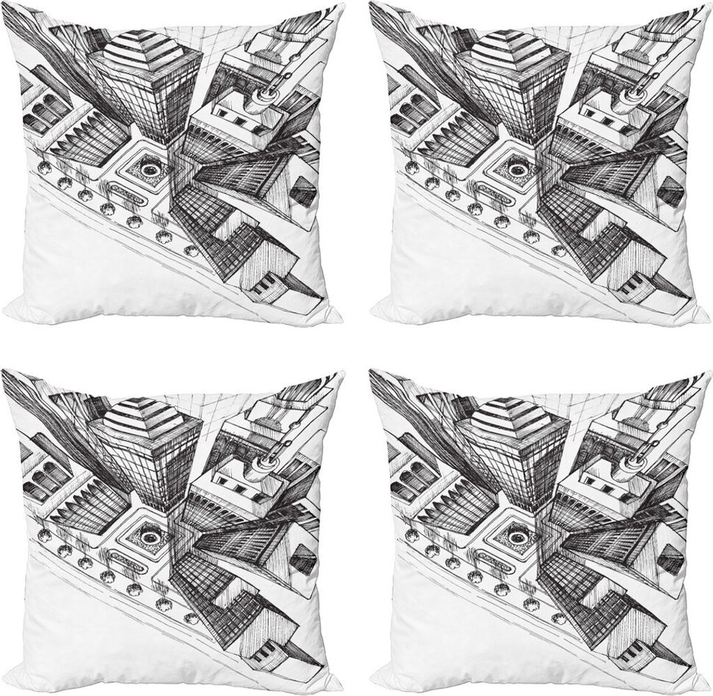 ABAKUHAUS Stadt Kissenbezug Set (4 Stück), Luftaufnahme Skizze Wolkenkratzer, Moderner Doppelseitiger Digitaldruck, 60 cm x 60 cm, Charcoal Grau W...