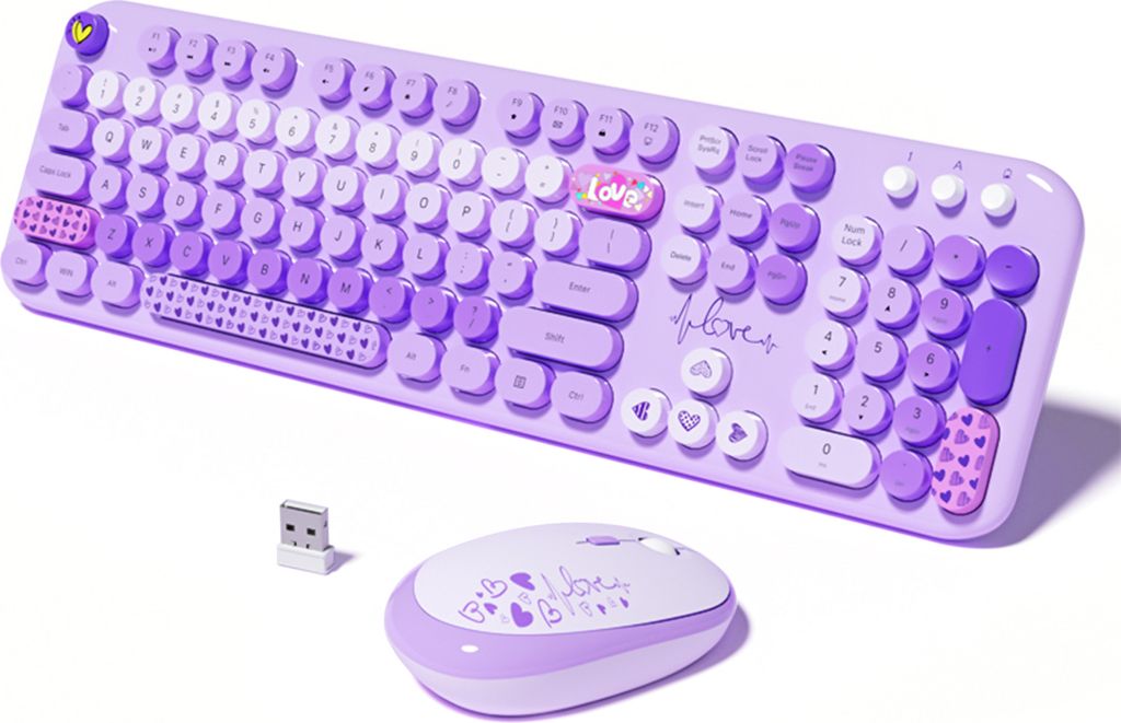 MOFII Kabelloses Tastatur- und Maus-Set, schoene, hochwertige, gemischte Farben, 104 Tasten, USB-Empfaenger, Buerotastatur fuer Laptops und Desktops