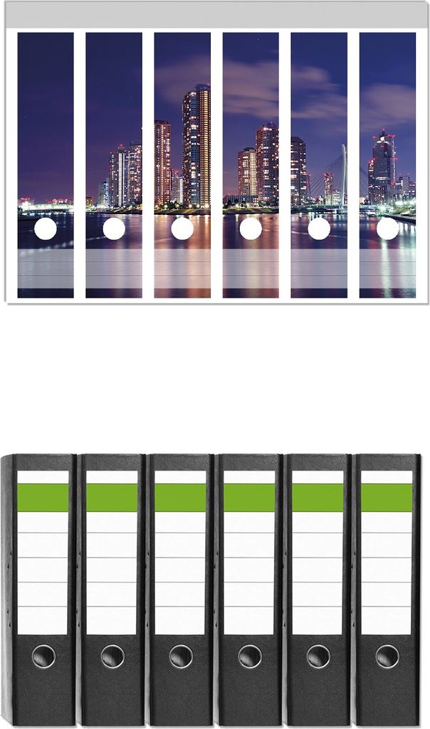 Wallario 6 Stück breite Ordner inkl. Klebeetiketten mit Motive Tokyo- Skyline bei Nacht - Set mit Rückenschildern / Ordnerrücken Stickern