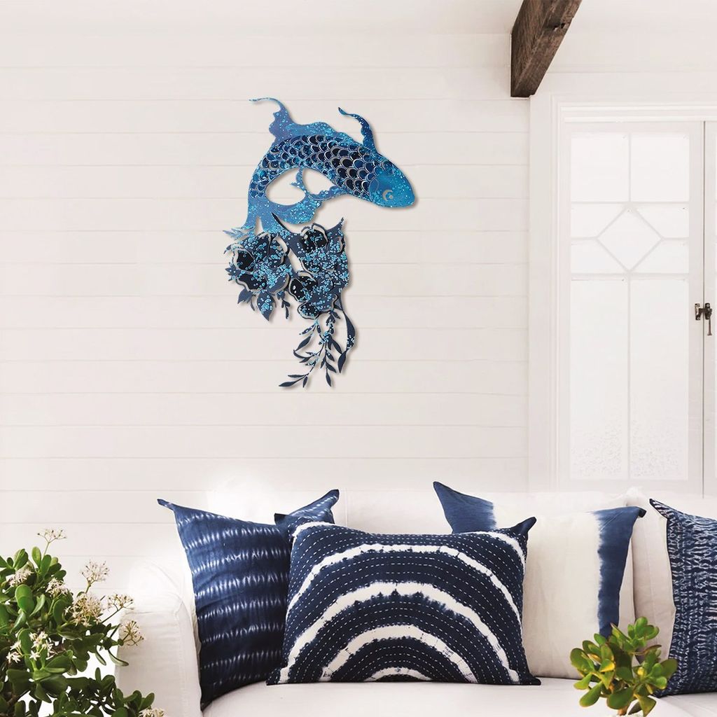 Wallity, Carpa Koi- APT748 M - Blue, Dekoratives Wandaccessoire aus Metall, Blau, 44 x 67 cm