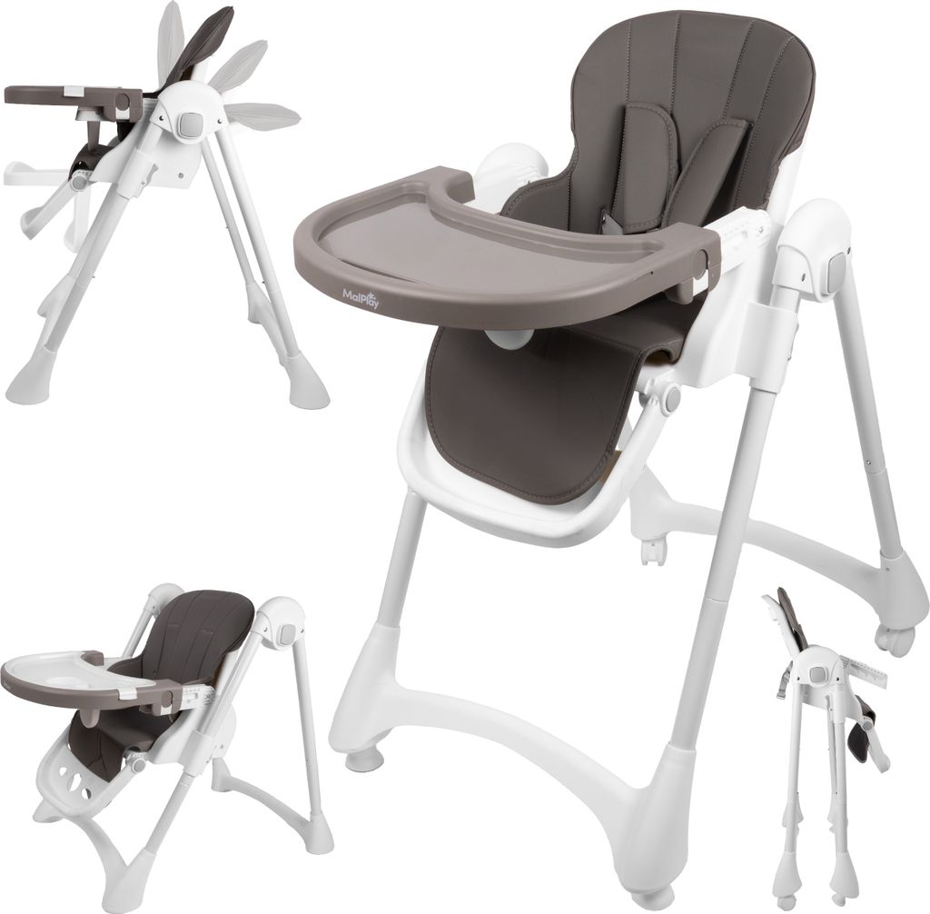 A collage of a Malplay Kinderhochstuhl (baby high chair) in different configurations, including folded and in use.