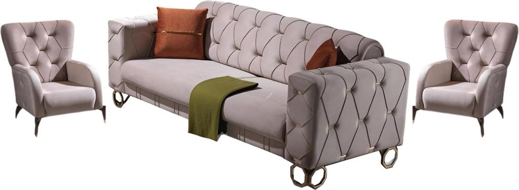 Villa Möbel Sofa Set Lizzy Beige Stellvariante:3+1+1 Relax- und Bettfunktion, pflegeleichter Mikrofaser Samtstoff