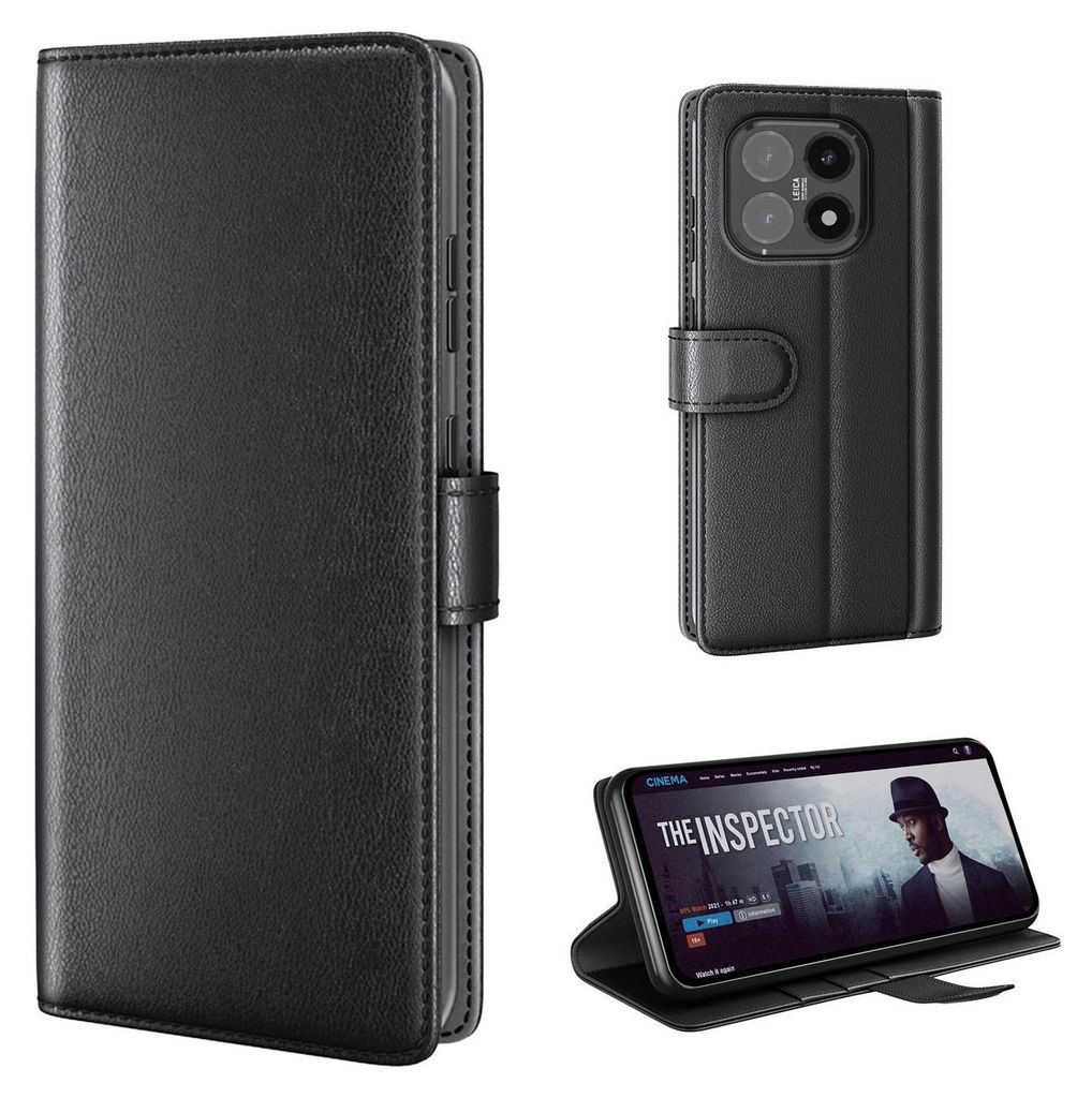 A collage of images showing a black leather flip phone case from different angles, including a close-up of the camera area and a phone inside the case being used as a stand.