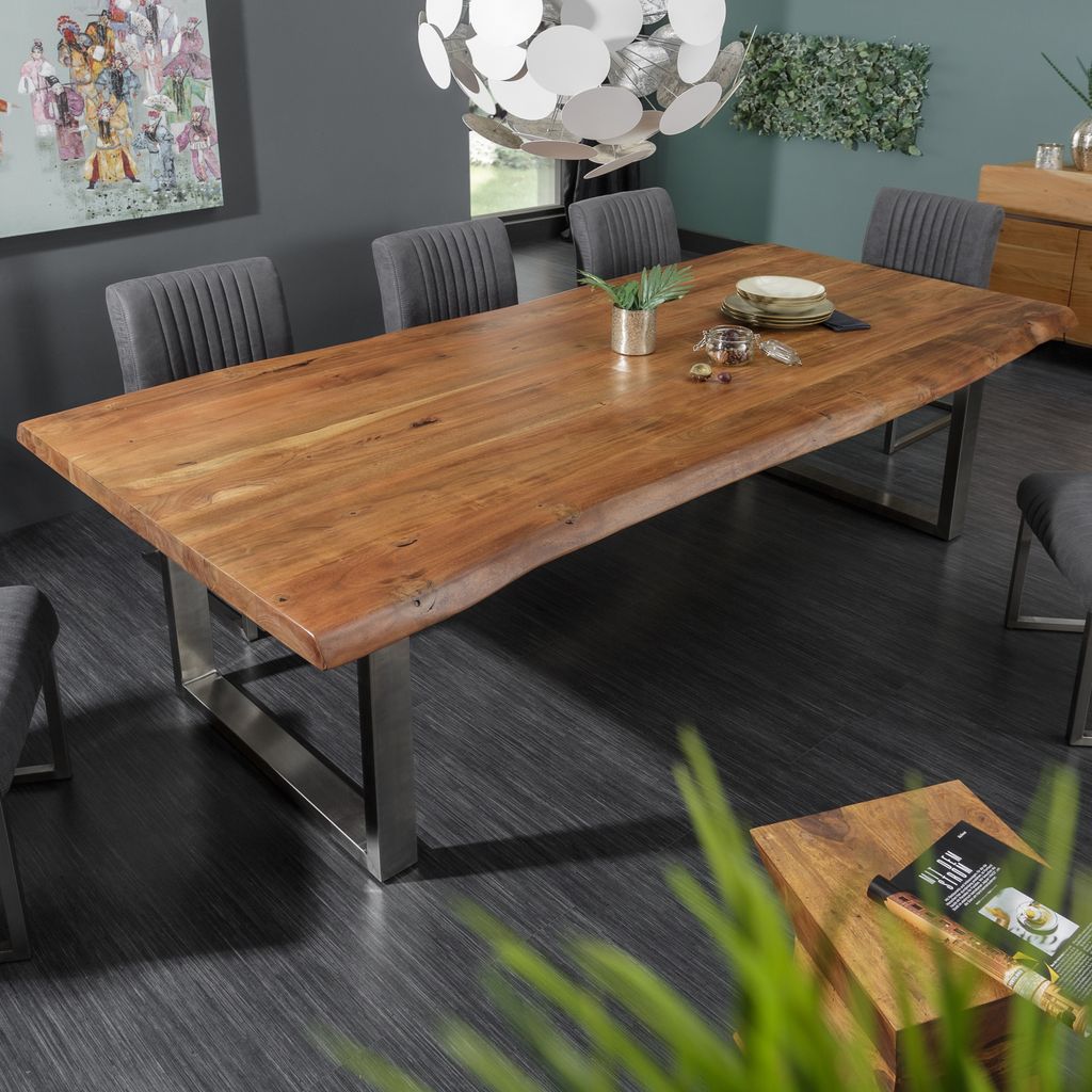 riess-ambiente Massivholz Esstisch MAMMUT NATURE 240cm Akazie Baumkante Live Edge 6cm Tischplatte Edelstahlbeine Esszimmertisch Tisch