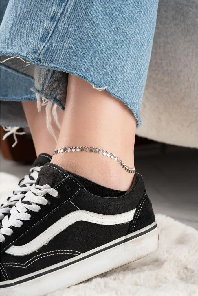 Bracelet de cheville en argent 925 avec plaquettes rondes et maille