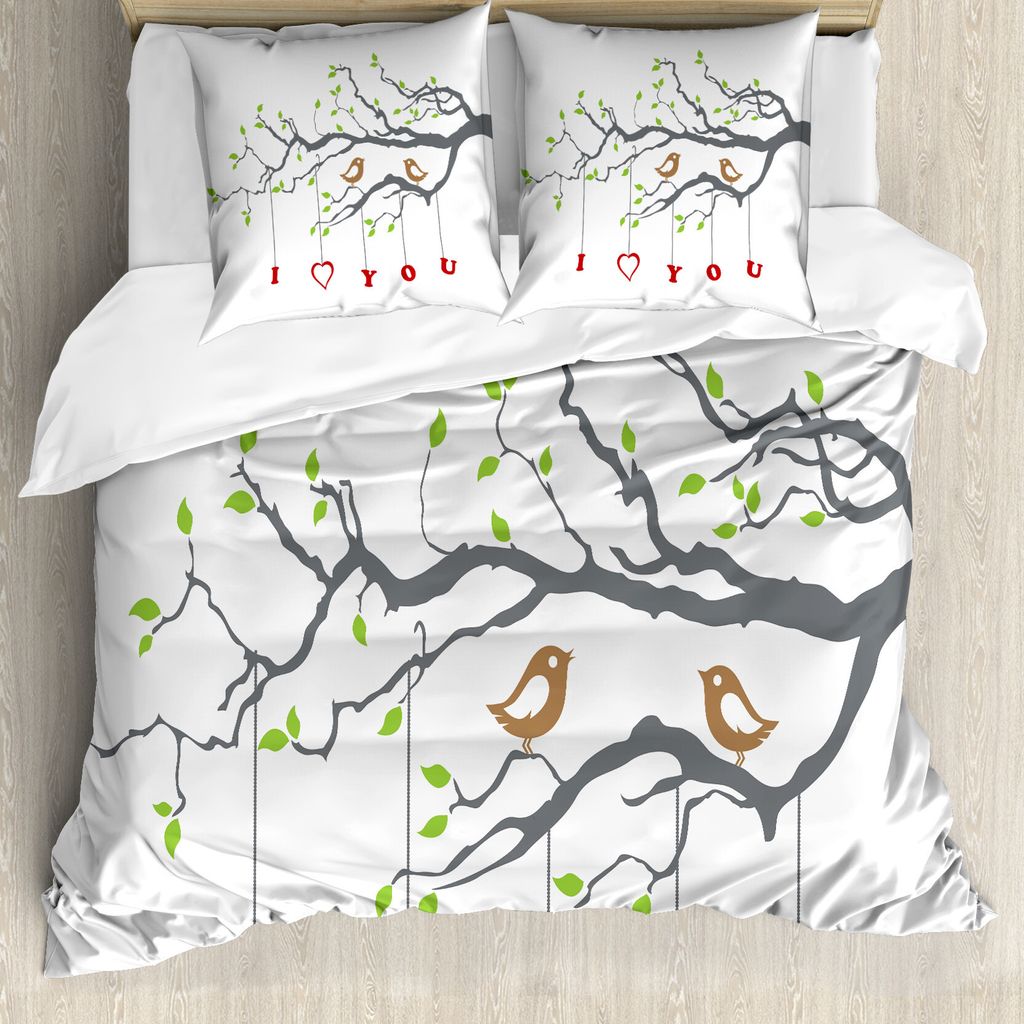 ABAKUHAUS Ich Liebe Dich Bettbezug, Romantische Vögel Baum, Milbensicher Allergiker geeignet mit Kissenbezügen, 155 cm x 220 cm - 80 x 80 cm, Gra...