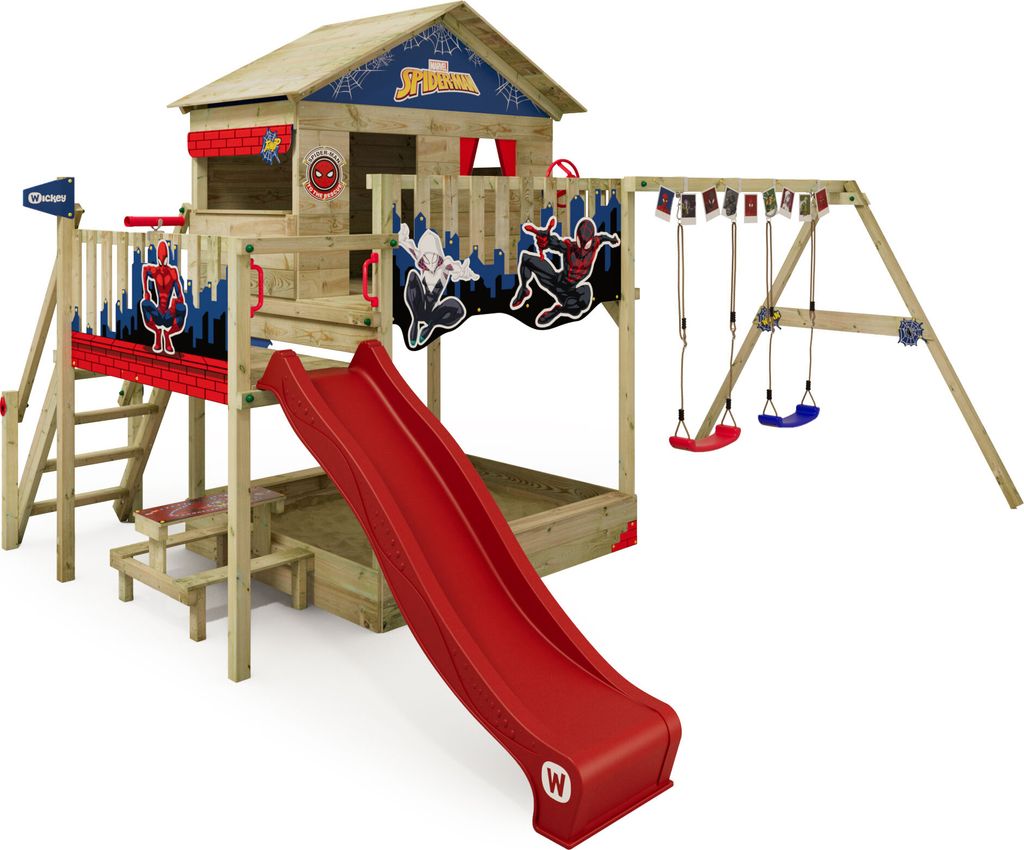 WICKEY Spielturm Marvel Spider-Man Quest mit Schaukel & Rutsche, Stelzenhaus mit Sandkasten, Kletterleiter & Spiel-Zubehör