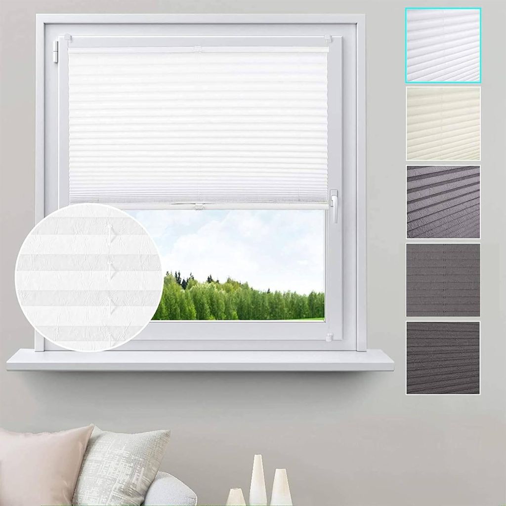 WOLTU Plissee Klemmfix verspannt in Crushed Optik Weiß : 120x130 Größe: 120x130