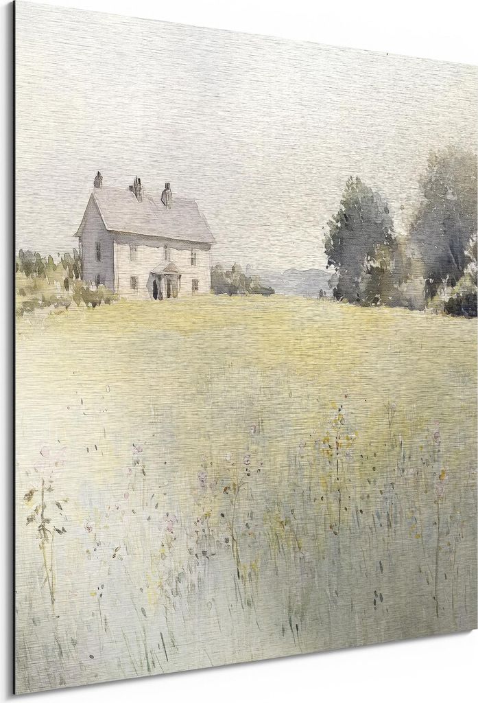 DEQORI Alu-Dibond Bild Silber 30x30 cm 'Landhaus in Morgensonne' Wandbild Metall dünn