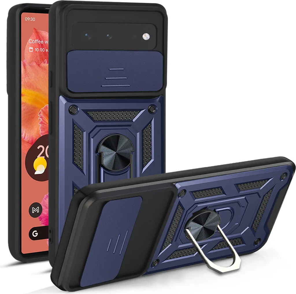 Google Pixel 6 Cover Blu con Supporto Anello e Slide Camera