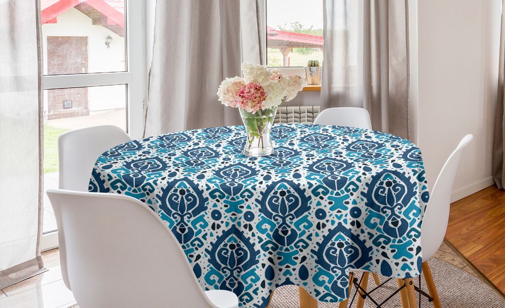 ABAKUHAUS Ikat Runde Tischdecke, Tribal Motive in Aztec Stil, Kreis Tischdecke Abdeckung für Esszimmer Küche Dekoration, 150 cm, Sea-Blau und Weiß