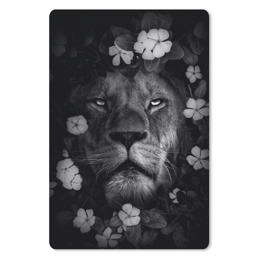 MuchoWow Mauspad Mousepad Löwe mit Blumen im Dschungel - schwarz und weiß 18x27 cm - Mousepads - Maus Mat - Pad - Mausunterlage