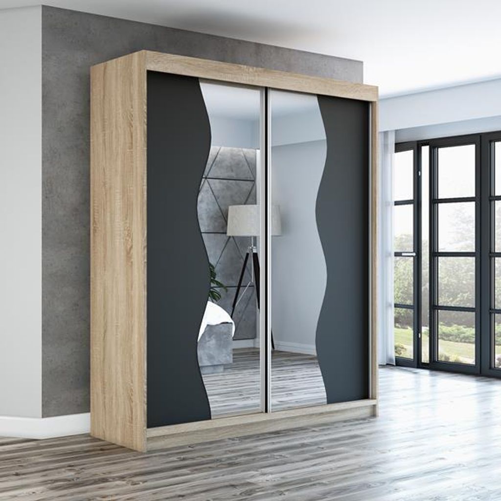 Schwebetürenschrank, 2-türig Schrank RIMA 180 cm (mit Spiegel) (Sonoma / schwarz / schwarz)