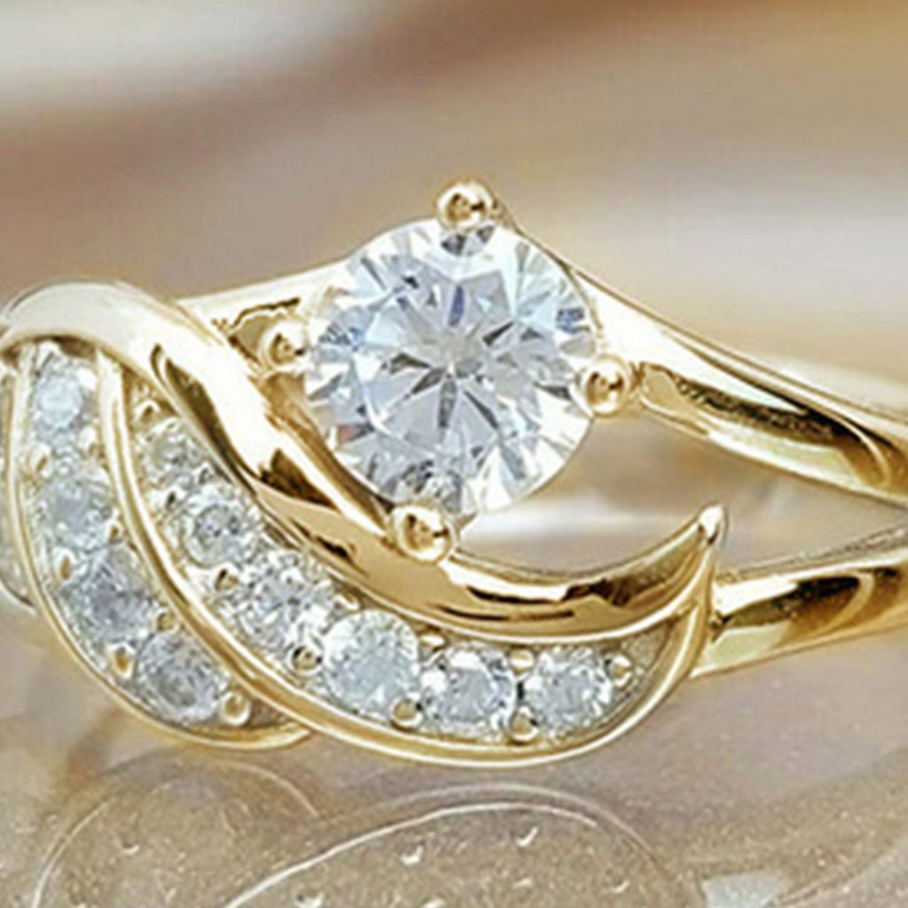 Damenring, kubischer Zirkon, eingelegt, rund, Legierung, Engelsflügelform, Ehering, Antragsring-Golden,US 7