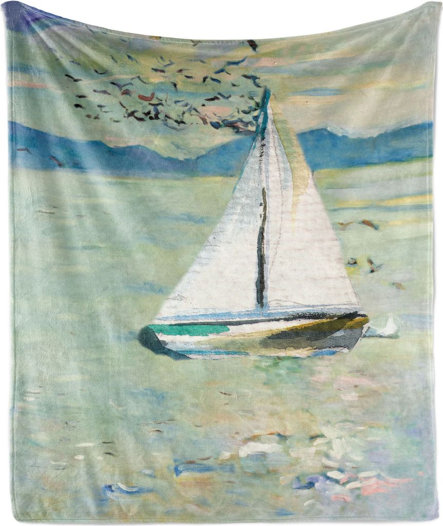 ABAKUHAUS Kunst Weich Flanell Fleece Decke, Monet Segelboot Yacht mit Vögeln Aquarell Brushstroke Zusammensetzung, 175 x 230 cm, Pale Blue Teal un...