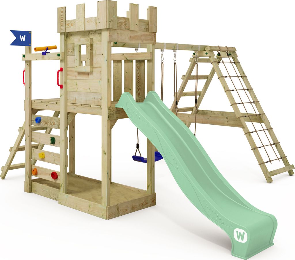 WICKEY Spielturm GateFlyer mit Kletteranbau, Doppelschaukel und Rutsche – pastellgrün